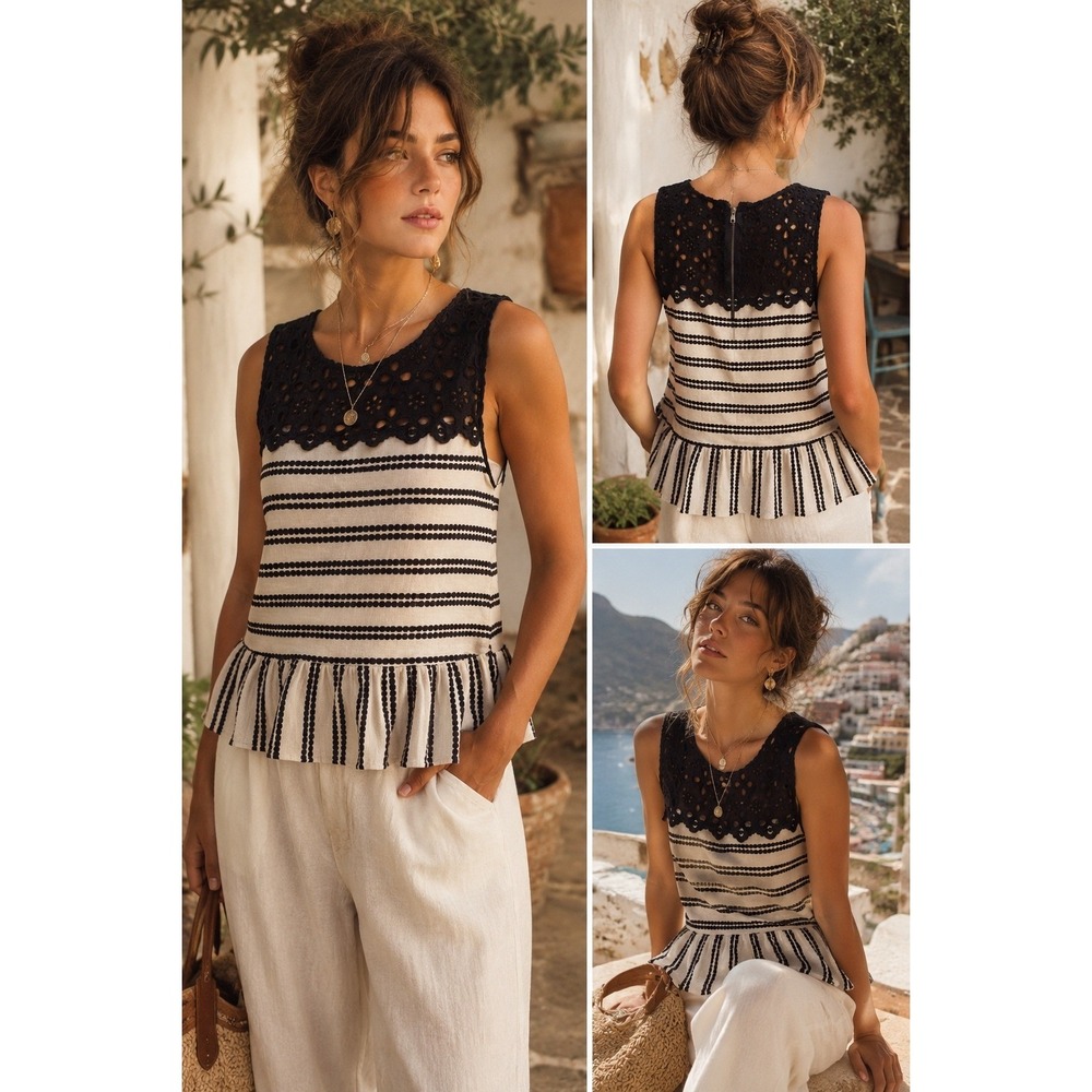 Free People M  Eyelet Lace Striped Peplum Tank Top Cream Black  Boho Coastal